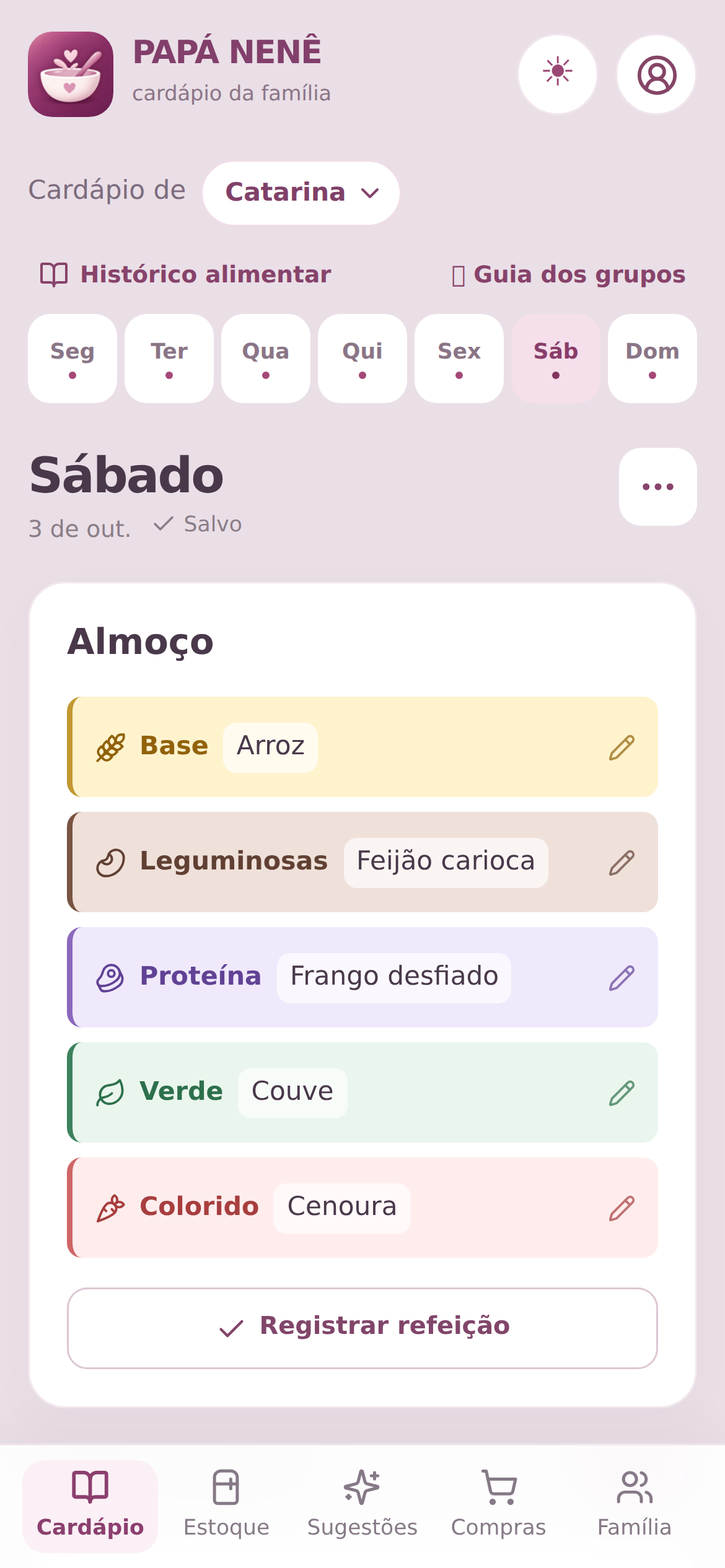 Tela real de Cardápio do PAPÁ NENÊ