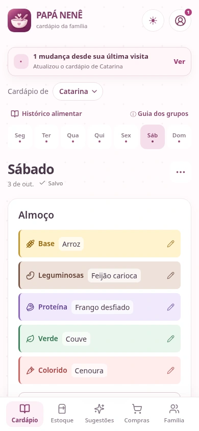 Tela real do Cardápio do PAPÁ NENÊ