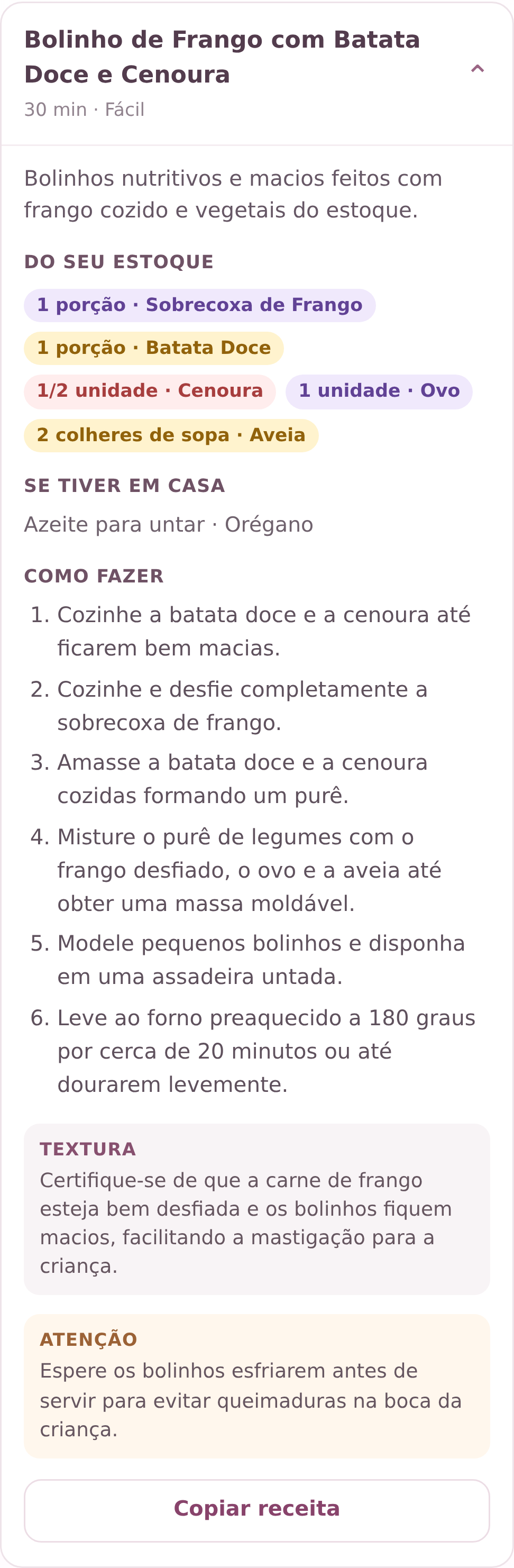 Receita original do Chef PAPÁ: Bolinho de Frango com Batata Doce e Cenoura, com ingredientes do estoque, preparo e cuidados