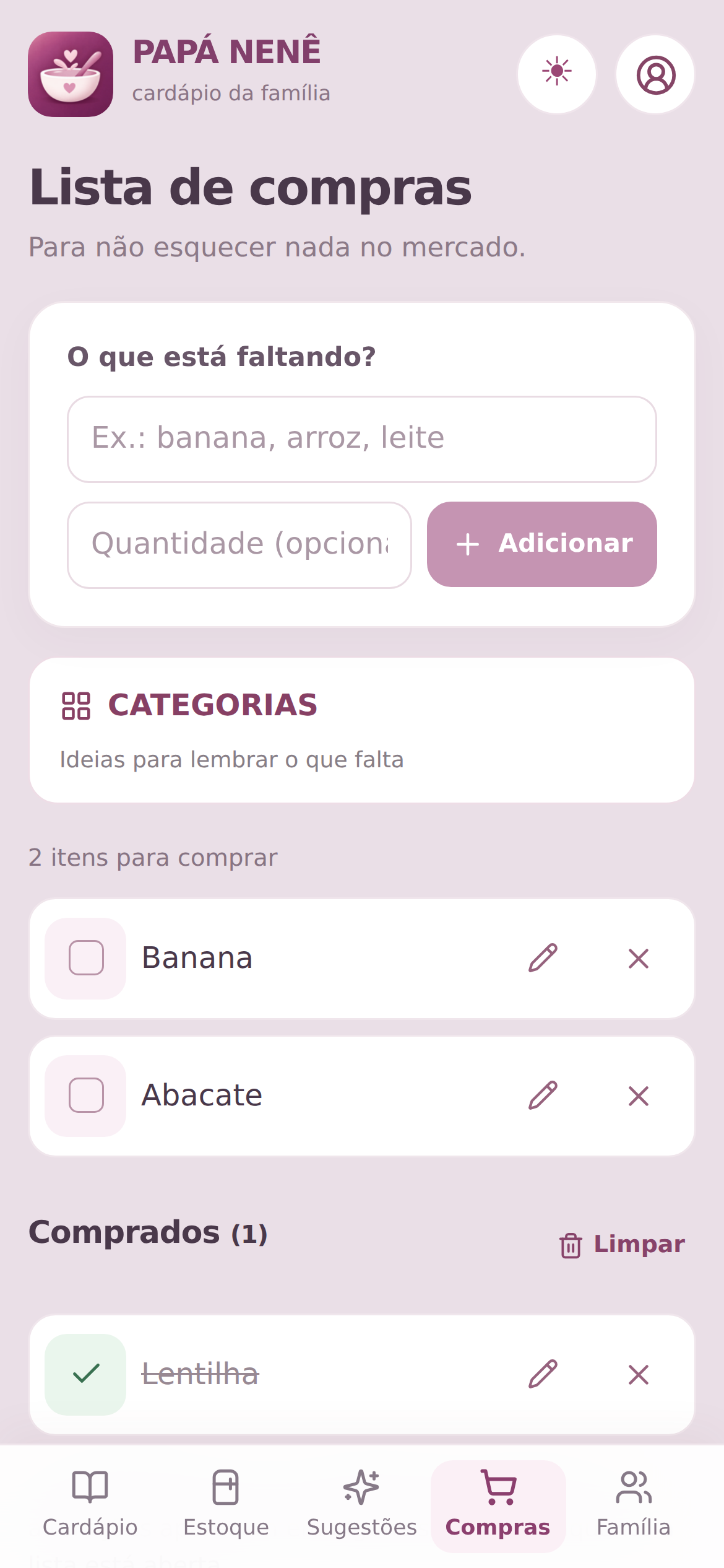 Tela real de Compras do PAPÁ NENÊ