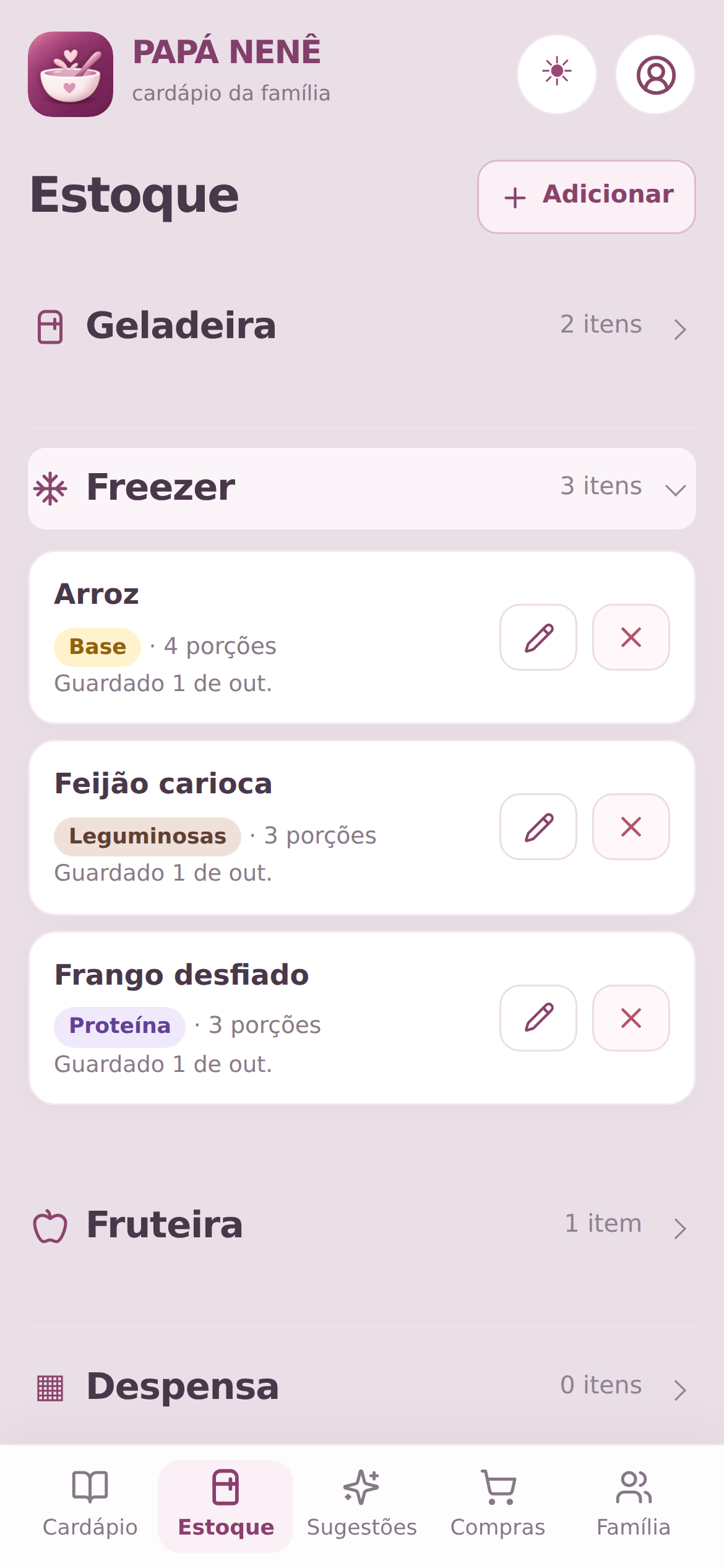 Tela real de Estoque do PAPÁ NENÊ
