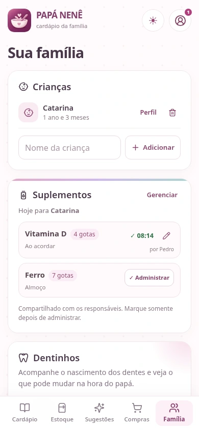 Tela real da área Família do PAPÁ NENÊ