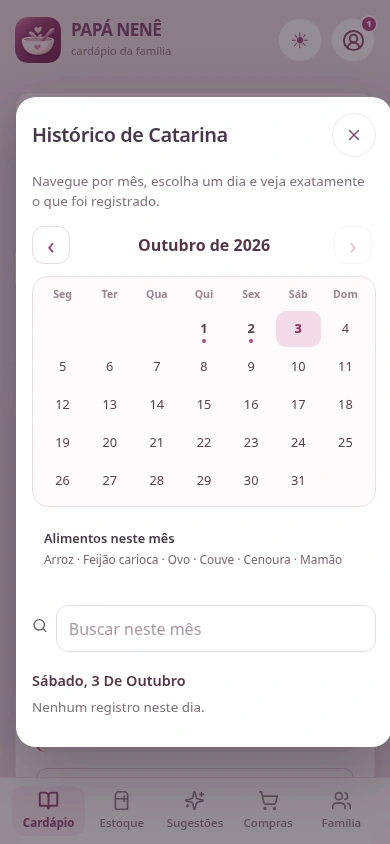 Tela real do histórico alimentar