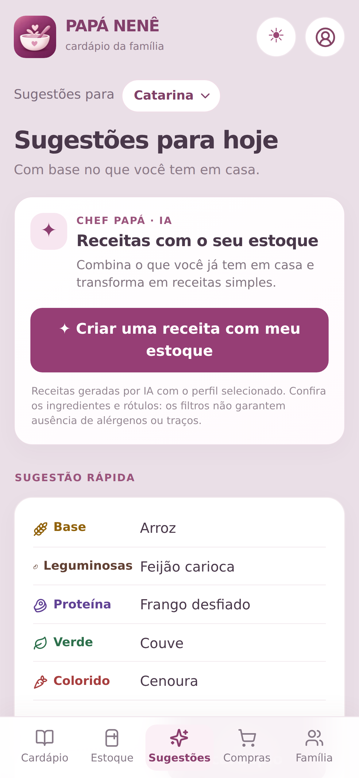 Interface original de Sugestões e Chef PAPÁ