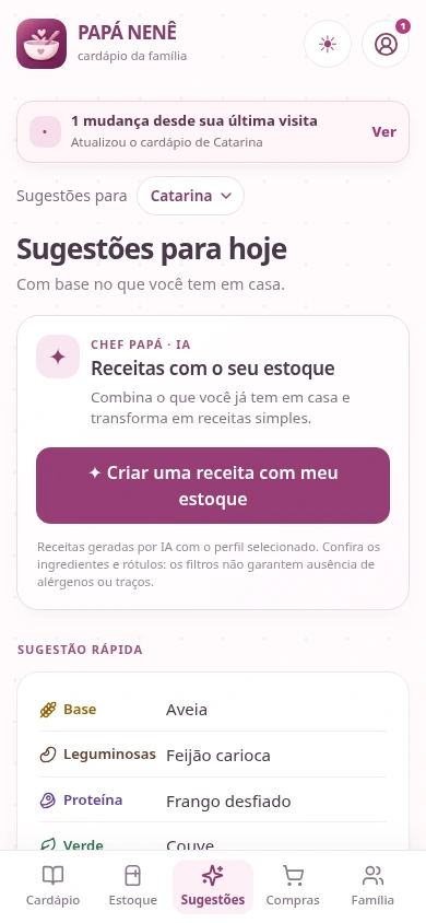 Tela real de Sugestões e Chef PAPÁ