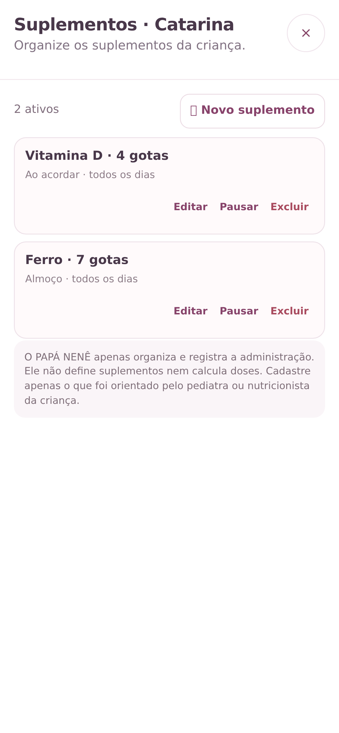 Tela real dos suplementos da criança